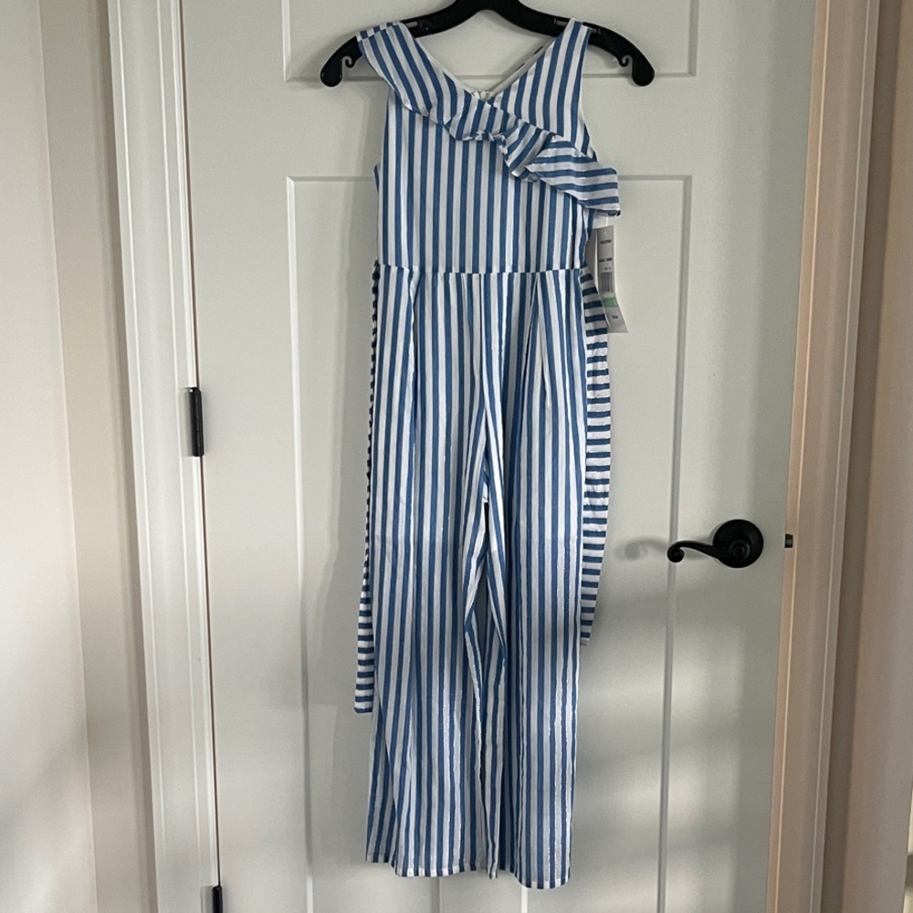 Rare Editions Blue and White Striped Kids Jumpsuit